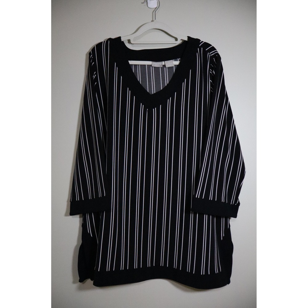 ☀️3/$15☀️ Professional Travelwear Chico's Tunic Top Size 3 Black White Striped